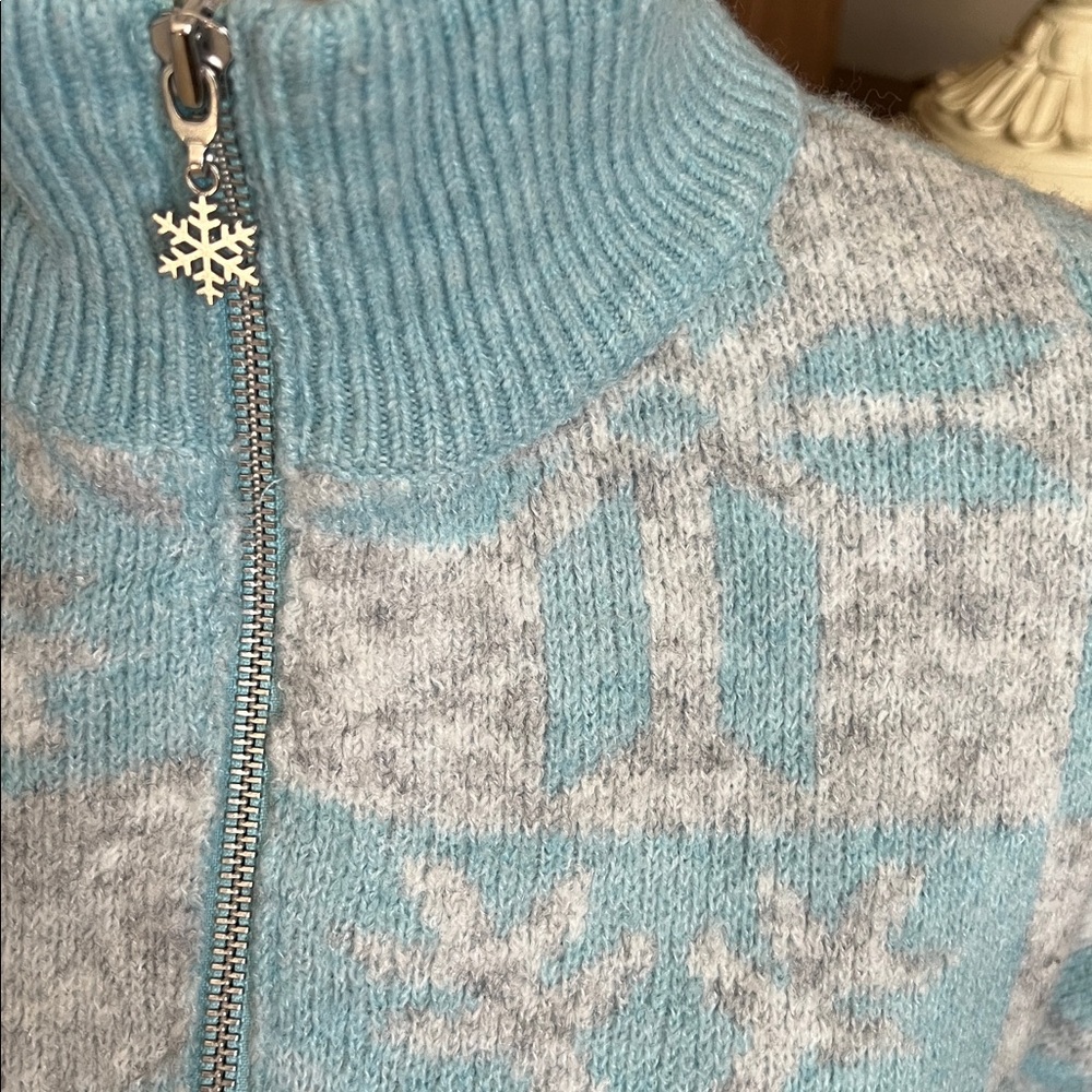 LOFT Snowflake Blue Gray Turtleneck Half Zip Cozy Oversized Sweater Sz M - Picture 2 of 7